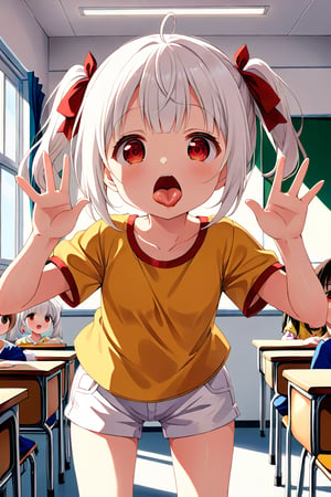 loli , surprise face, white hair, red_eyes, twintails, down_view, classroom, yellow shirt, white shorts, sticking_out_tongue, hands_raised