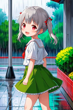 loli , happy face, twintails, gray hair, red_eyes, side_view, rain park, white shirt, green skirt, walking