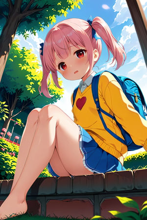 loli, lewd face, pink hair, red_eyes, twintails, down_view, green garden, blue skirt, white shirt, yellow sweater, blue backpack, sitting, legs