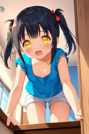 loli , surprise face, black hair, yellow_eyes, twintails, down_view, classroom, blue shirt, white shorts, climbing