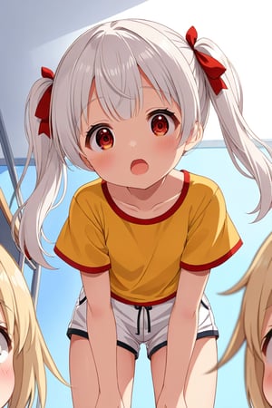 loli , surprise face, white hair, red_eyes, twintails, down_view, classroom, yellow shirt, white shorts, 