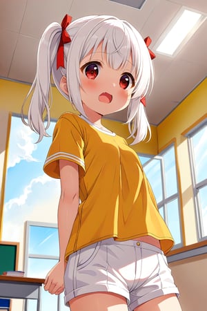 loli , surprise face, white hair, red_eyes, twintails, down_view, classroom, yellow shirt, white shorts, 