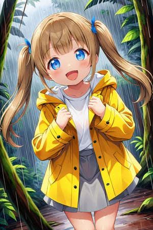 loli , happy face, twintails, yellow brown hair, blue_eyes, down_view, rain forest, white shirt, gray skirt, yellow raincoat, sticking_out_tongue