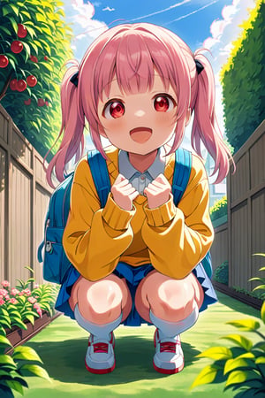 loli, happy face, pink hair, red_eyes, twintails, down_view, green garden, blue skirt, white shirt, yellow sweater, blue backpack, squatting, sticking_out_tongue, arms_raised, 