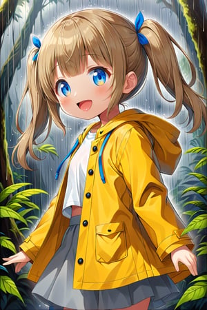 loli , happy face, twintails, yellow brown hair, blue_eyes, side_view, rain forest, white shirt, gray skirt, yellow raincoat, sticking_out_tongue