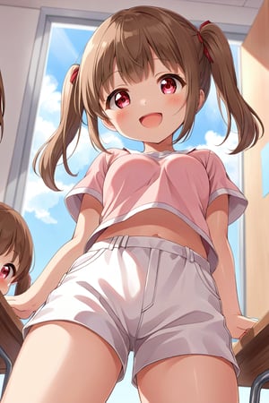 loli , happy face, brown hair, red_eyes, twintails, down_view, classroom, pink shirt, white shorts, 