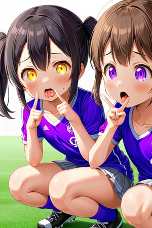 2_girls. loli hypnotized, sad_face, black_hair, brown hair, side_view, twin_tails, yellow_eyes, soccer, purple shirt, gray skirt, sticking_out_tongue, squatting, peace fingers