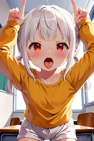 loli , lewd face, white hair, red_eyes, twintails, down_view, classroom, yellow shirt, white shorts, sticking_out_tongue, hands_raised