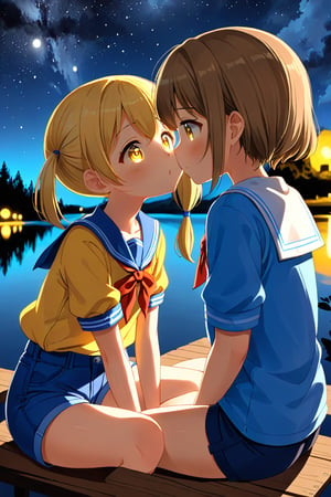 2_girls. loli hypnotized, happy_face, yellow_hair, brown hair, side_view, twin_tails, yellow_eyes, night lake, scout, blue shirt, blue short pants, sitting, kissing