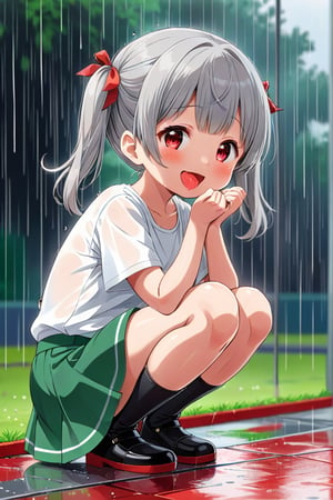 loli , happy face, twintails, gray hair, red_eyes, side_view, rain park, white shirt, green skirt, squatting, sticking_out_tongue, 