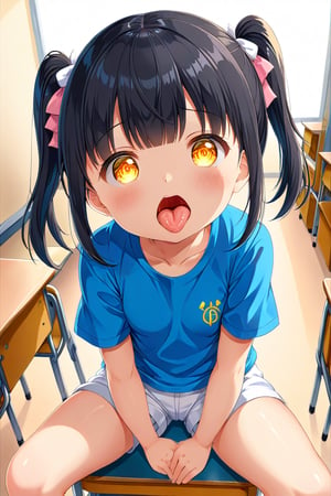 loli , surprise face, black hair, yellow_eyes, twintails, down_view, classroom, blue shirt, white shorts, sitting, legs_spread, sticking_out_tongue