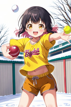 loli, happy face, black hair, yellow_eyes, front_view, snow baseball, pink hair, yellow shirt, brown yellow shorts, throwing balls