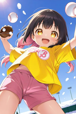 loli, happy face, black hair, yellow_eyes, down_view, snow baseball, pink hair, yellow shirt, brown yellow shorts, throwing balls