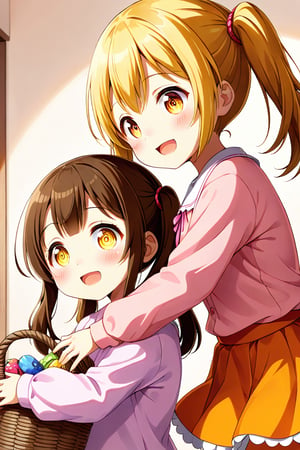 2_girls. loli hypnotized, happy_face, yellow_hair, brown hair, side_view, twin_tails, yellow_eyes, basket, pink shirt, orange skirt, hugging