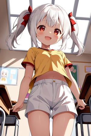 loli , happy face, white hair, red_eyes, twintails, down_view, classroom, yellow shirt, white shorts, 