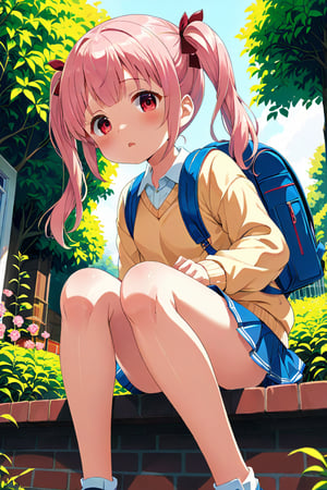 loli, lewd face, pink hair, red_eyes, twintails, down_view, green garden, blue skirt, white shirt, yellow sweater, blue backpack, sitting, legs