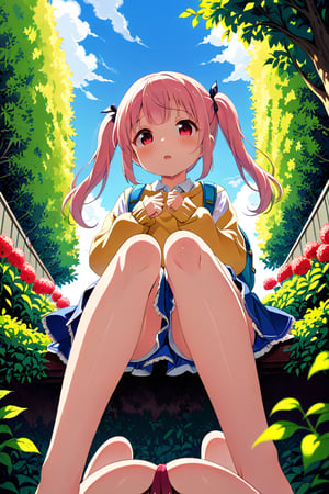 loli, lewd face, pink hair, red_eyes, twintails, down_view, green garden, blue skirt, white shirt, yellow sweater, blue backpack, sitting, legs