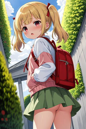 loli, lewd face, yellow hair, red_eyes, twintails, down_view, gray garden, green skirt, white shirt, red sweater, pink backpack, 