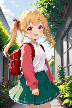 loli, happy face, yellow hair, red_eyes, twintails, down_view, gray garden, green skirt, white shirt, red sweater, pink backpack, 