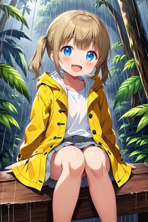 loli , happy face, twintails, yellow brown hair, blue_eyes, down_view, rain forest, white shirt, gray skirt, yellow raincoat, sticking_out_tongue, sitting