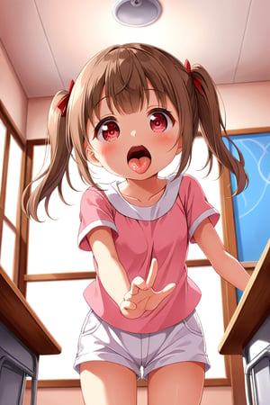 loli , surprise face, brown hair, red_eyes, twintails, down_view, classroom, pink shirt, white shorts, sticking_out_tongue