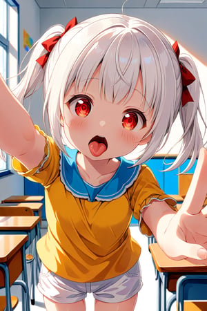 loli , surprise face, white hair, red_eyes, twintails, down_view, classroom, yellow shirt, white shorts, sticking_out_tongue, hands_raised