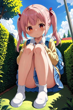 loli, lewd face, pink hair, red_eyes, twintails, down_view, green garden, blue skirt, white shirt, yellow sweater, blue backpack, sitting, legs