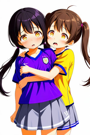 2_girls. loli hypnotized, sad_face, black_hair, brown hair, side_view, twin_tails, yellow_eyes, soccer, purple shirt, gray skirt, sticking_out_tongue, hugging, 