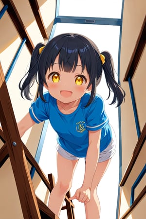 loli , happy face, black hair, yellow_eyes, twintails, down_view, classroom, blue shirt, white shorts, climbing