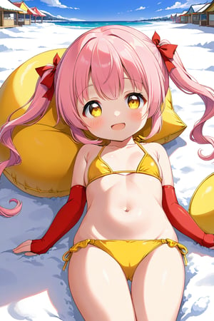 little loli, happy face,  yelloe pink hair, twin_tails, yellow_eyes, front_view, snow beach, yellow bikini, lying