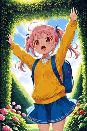 loli, lewd face, pink hair, red_eyes, twintails, down_view, green garden, blue skirt, white shirt, yellow sweater, blue backpack, quatting, sticking_out_tongue, arms_raised, 