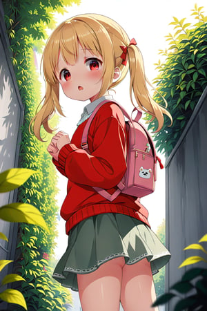 loli, lewd face, yellow hair, red_eyes, twintails, down_view, gray garden, green skirt, white shirt, red sweater, pink backpack, dog_pose