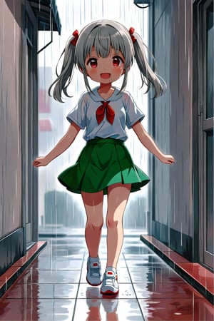 loli , happy face, twintails, gray hair, red_eyes, front_view, rain aprk, white shirt, green skirt, white shoes, walking