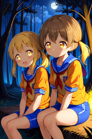 2_girls. loli hypnotized, happy_face, yellow_hair, brown hair, side_view, twin_tails, yellow_eyes, night forest, scout, orange shirt, blue short pants, sitting, hugging