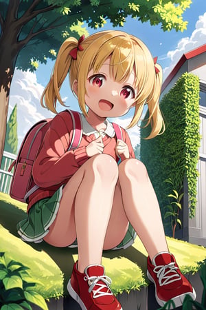 loli, happy face, yellow hair, red_eyes, twintails, down_view, gray garden, green skirt, white shirt, red sweater, pink backpack, sitting, legs_spread, sticking_out_tongue