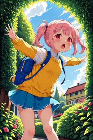 loli, lewd face, pink hair, red_eyes, twintails, down_view, green garden, blue skirt, white shirt, yellow sweater, blue backpack, quatting, sticking_out_tongue, arms_raised, 