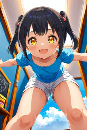 loli , happy face, black hair, yellow_eyes, twintails, down_view, classroom, blue shirt, white shorts, climbing