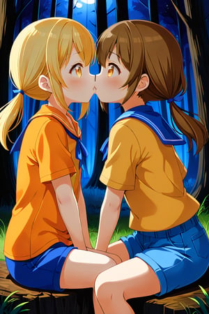 2_girls. loli hypnotized, happy_face, yellow_hair, brown hair, side_view, twin_tails, yellow_eyes, night forest, scout, orange shirt, blue short pants, sitting, kissing