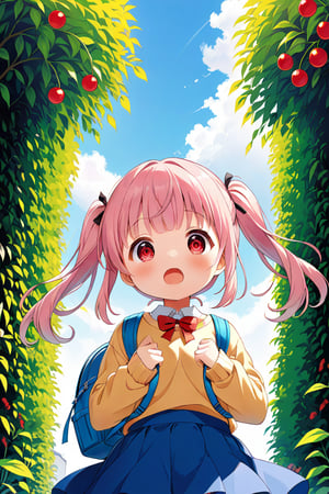 loli, surprise face, pink hair, red_eyes, twintails, down_view, green garden, blue skirt, white shirt, yellow sweater, blue backpack