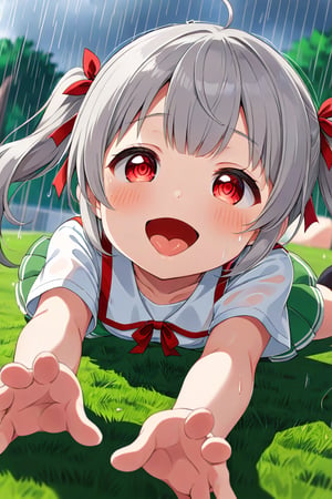 loli , happy face, twintails, gray hair, red_eyes,up_view, rain park, white shirt, green skirt, lying, sticking_out_tongue, 