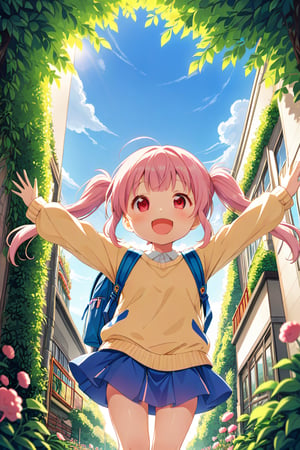 loli, happy face, pink hair, red_eyes, twintails, down_view, green garden, blue skirt, white shirt, yellow sweater, blue backpack, quatting, sticking_out_tongue, arms_raised, 