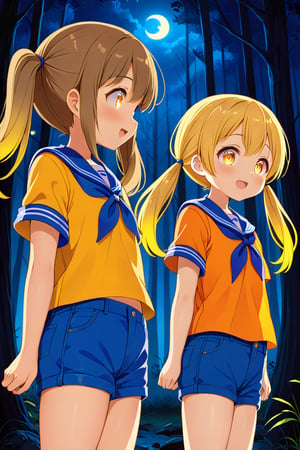 2_girls. loli hypnotized, happy_face, yellow_hair, brown hair, side_view, twin_tails, yellow_eyes, night forest, scout, orange shirt, blue short pants, 