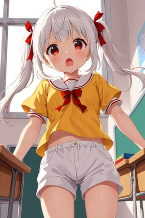 loli , surprise face, white hair, red_eyes, twintails, down_view, classroom, yellow shirt, white shorts, 