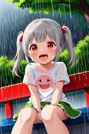 loli , happy face, twintails, gray hair, red_eyes, down_view, rain park, white shirt, green skirt, sitting, sticking_out_tongue, leg_spread