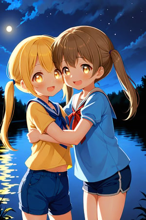 2_girls. loli hypnotized, happy_face, yellow_hair, brown hair, side_view, twin_tails, yellow_eyes, night lake, scout, blue shirt, blue short pants, hugging