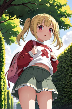 loli, lewd face, yellow hair, red_eyes, twintails, down_view, gray garden, green skirt, white shirt, red sweater, pink backpack, 