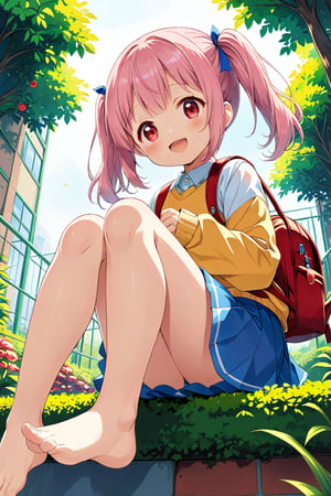 loli, happy face, pink hair, red_eyes, twintails, down_view, green garden, blue skirt, white shirt, yellow sweater, blue backpack, sitting, legs