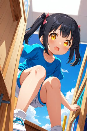 loli , surprise face, black hair, yellow_eyes, twintails, down_view, classroom, blue shirt, white shorts, climbing