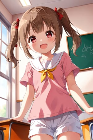 loli , happy face, brown hair, red_eyes, twintails, down_view, classroom, pink shirt, white shorts, 