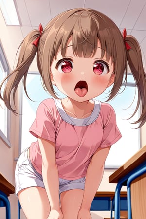 loli , surprise face, brown hair, red_eyes, twintails, down_view, classroom, pink shirt, white shorts, sticking_out_tongue